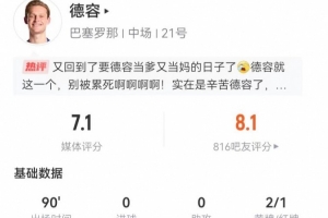 两黄被罚下！德容本场1关键传球+3长传 9对抗6成功+3造犯规2抢断